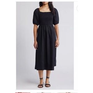 Boden Navy Smocked Puff sleeve Linen Midi Dress 12